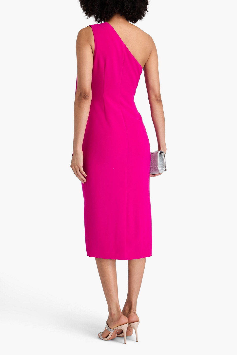 Badgley Mischka One-shoulder Draped Crepe Midi Dress In Fuchsia