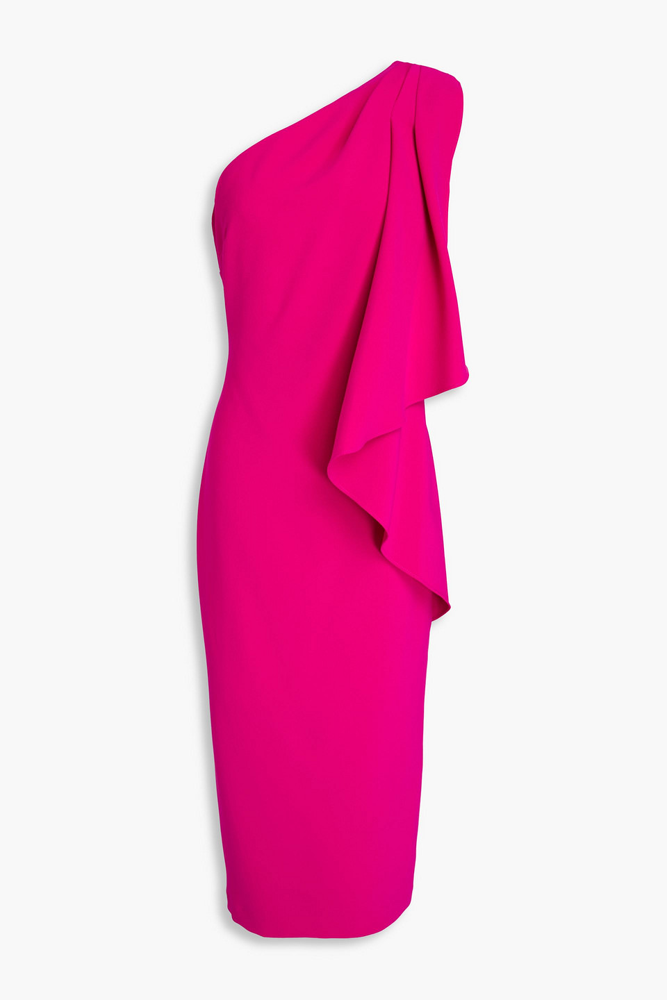 Badgley Mischka One-shoulder Draped Crepe Midi Dress In Fuchsia