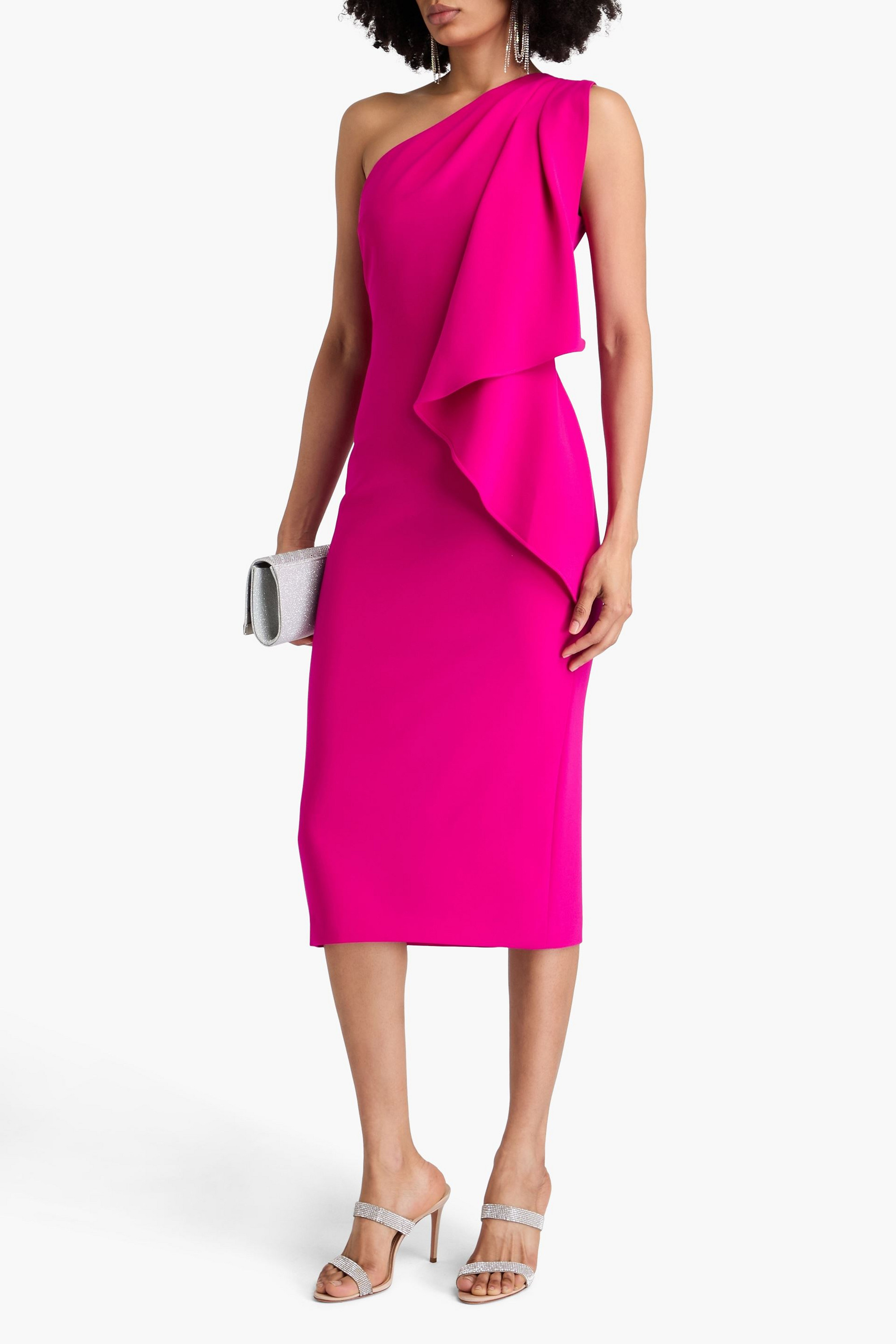 Badgley Mischka One-shoulder draped crepe midi dress