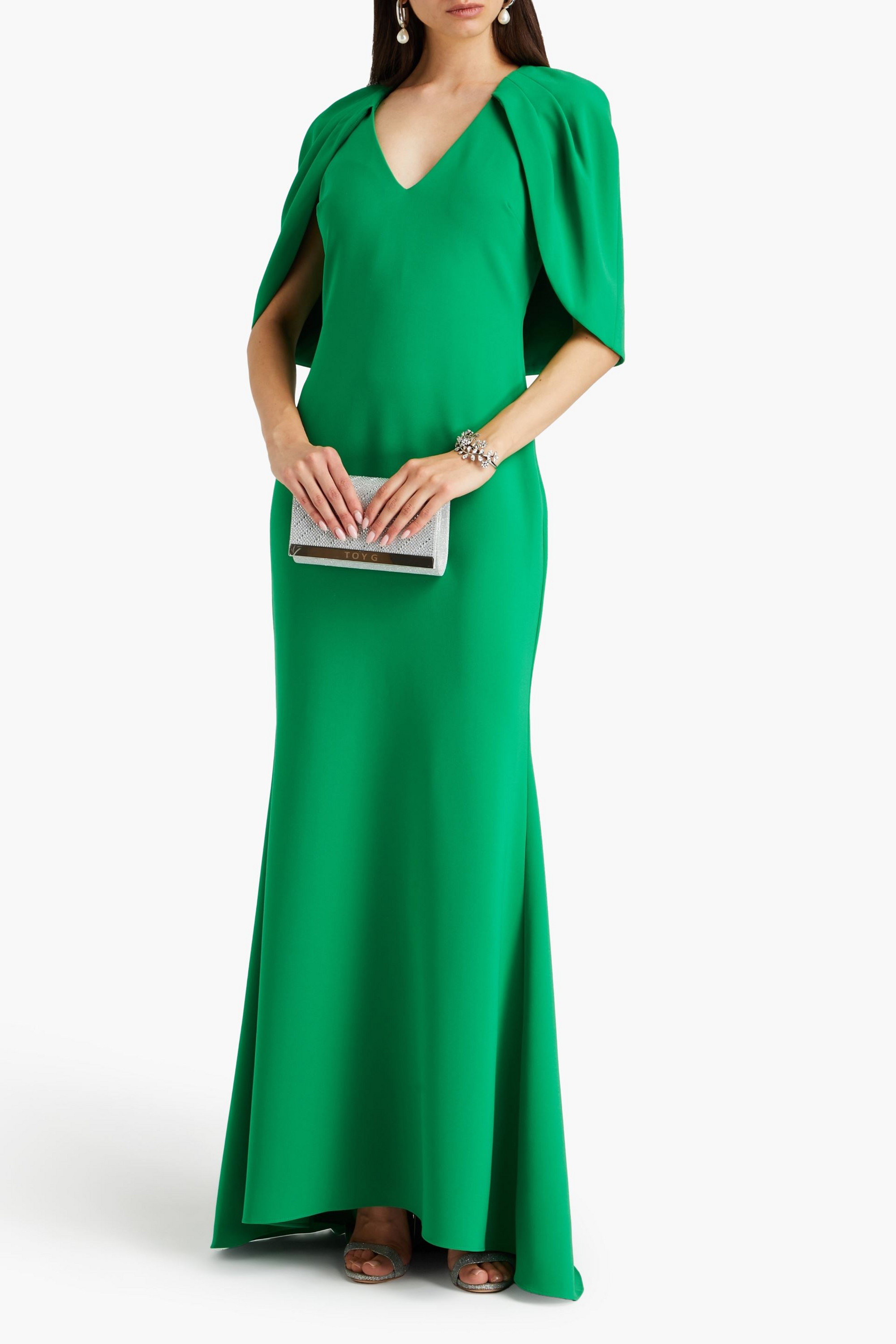 Badgley Mischka Cape-effect crepe gown
