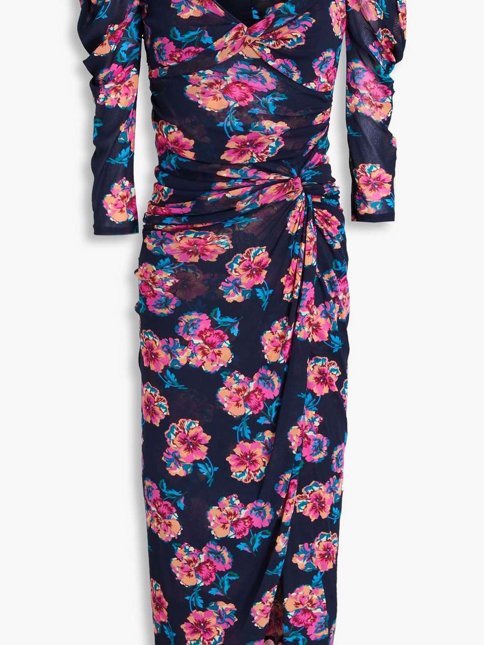 pansy ruched floral-print stretch-mesh midi dress