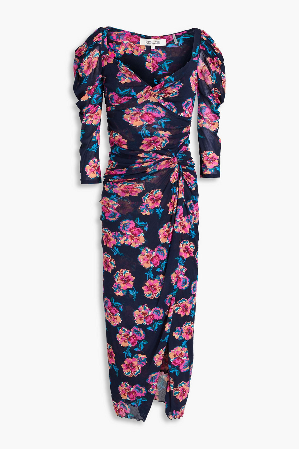 Diane Von Furstenberg Pansy Ruched Floral-print Stretch-mesh Midi Dress In Navy