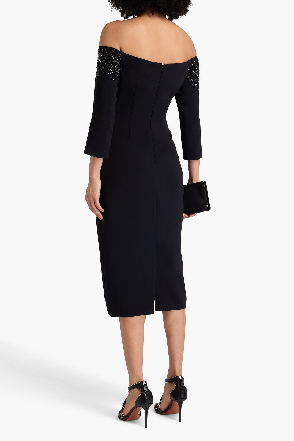 Badgley Mischka Off-the-shoulder Embellished Crepe Midi Dress In Black
