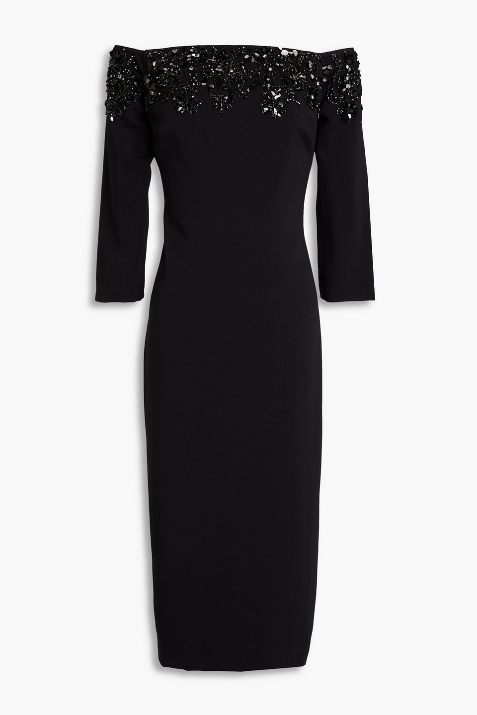 Badgley Mischka Off-the-shoulder Embellished Crepe Midi Dress In Black