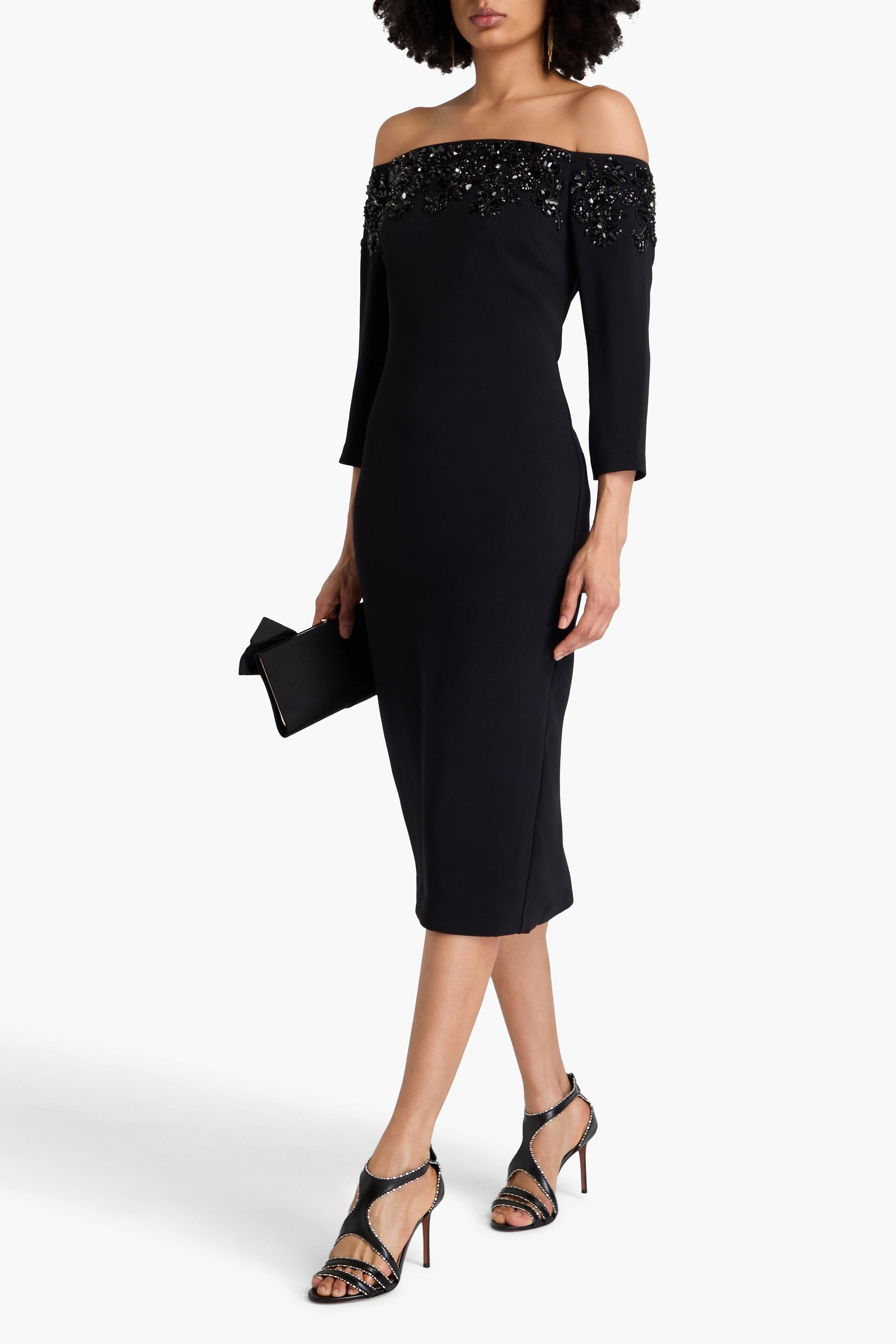 Badgley Mischka Off-the-shoulder embellished crepe midi dress