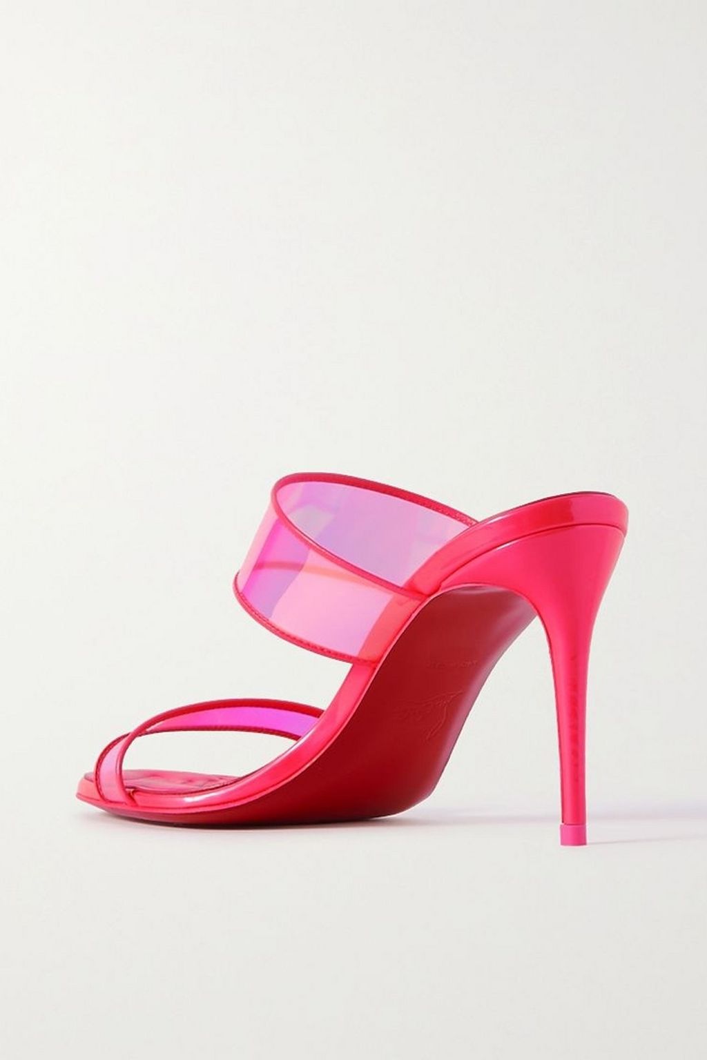 CHRISTIAN LOUBOUTIN Just Loubi 85 neon leather-trimmed iridescent PVC mules