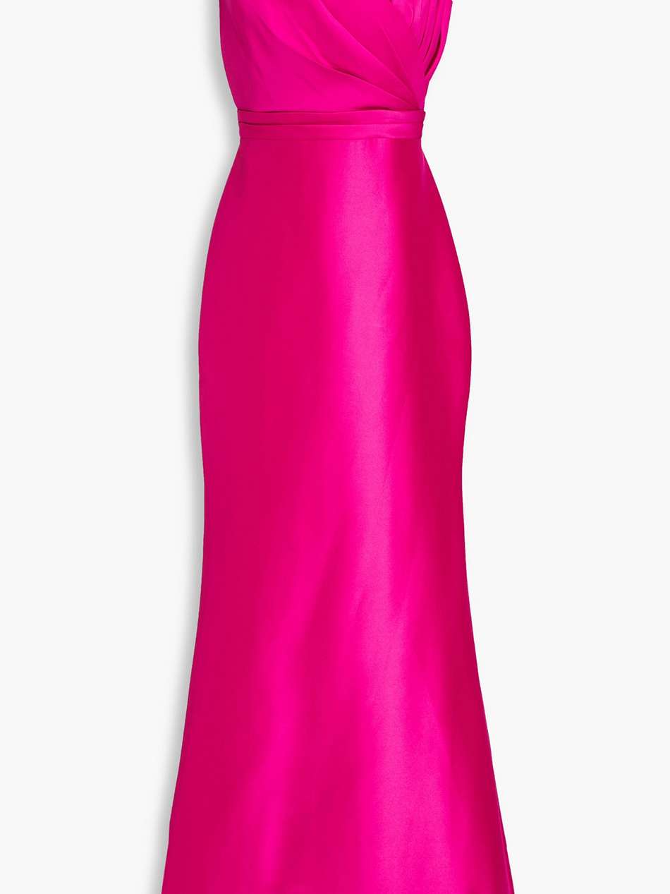 one-shoulder ruffled twill gown