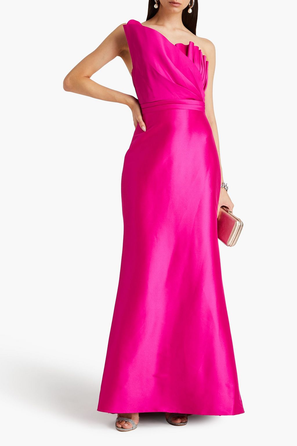 BADGLEY MISCHKA فستان سهرة بتصميم كتف واحد وبكشاكش من التويل