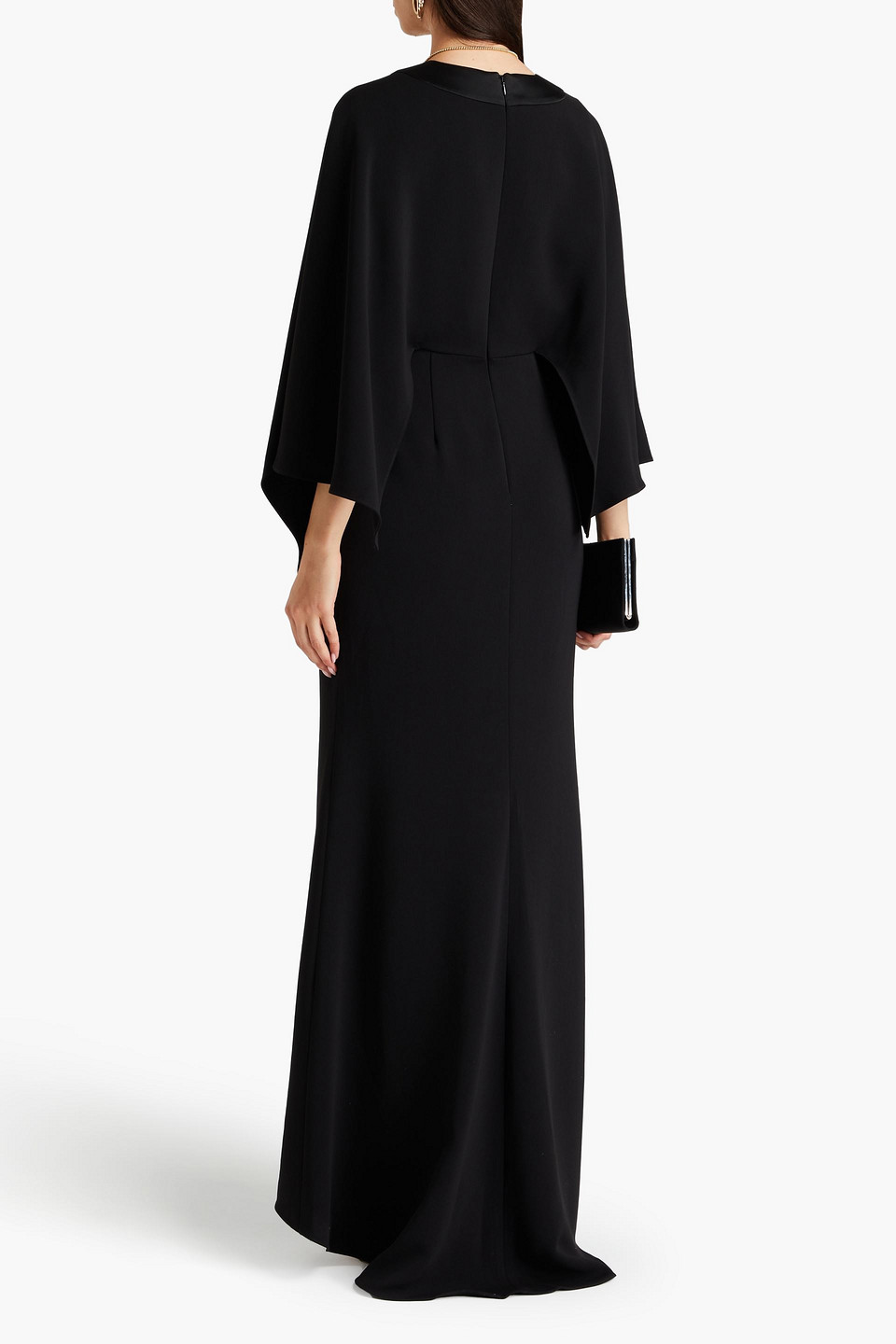 Badgley Mischka Draped Satin-trimmed Crepe Gown In Black