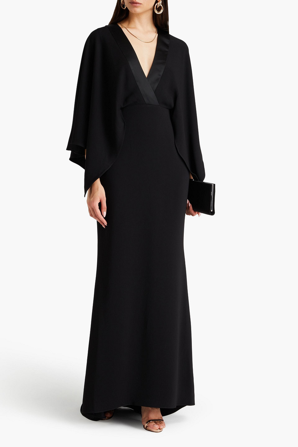 Badgley Mischka Draped Satin-trimmed Crepe Gown In Black