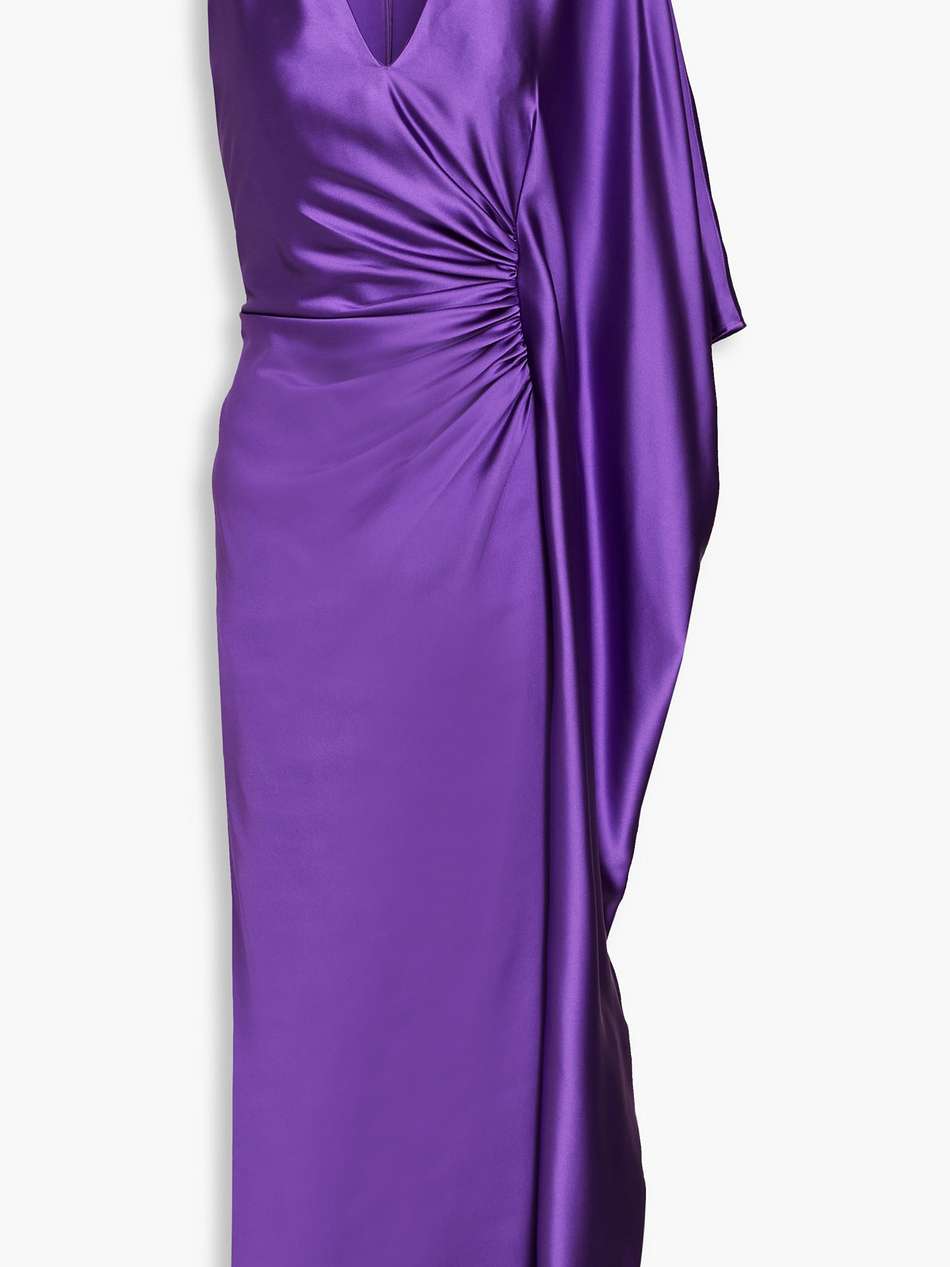 asymmetric ruched satin-crepe midi dress