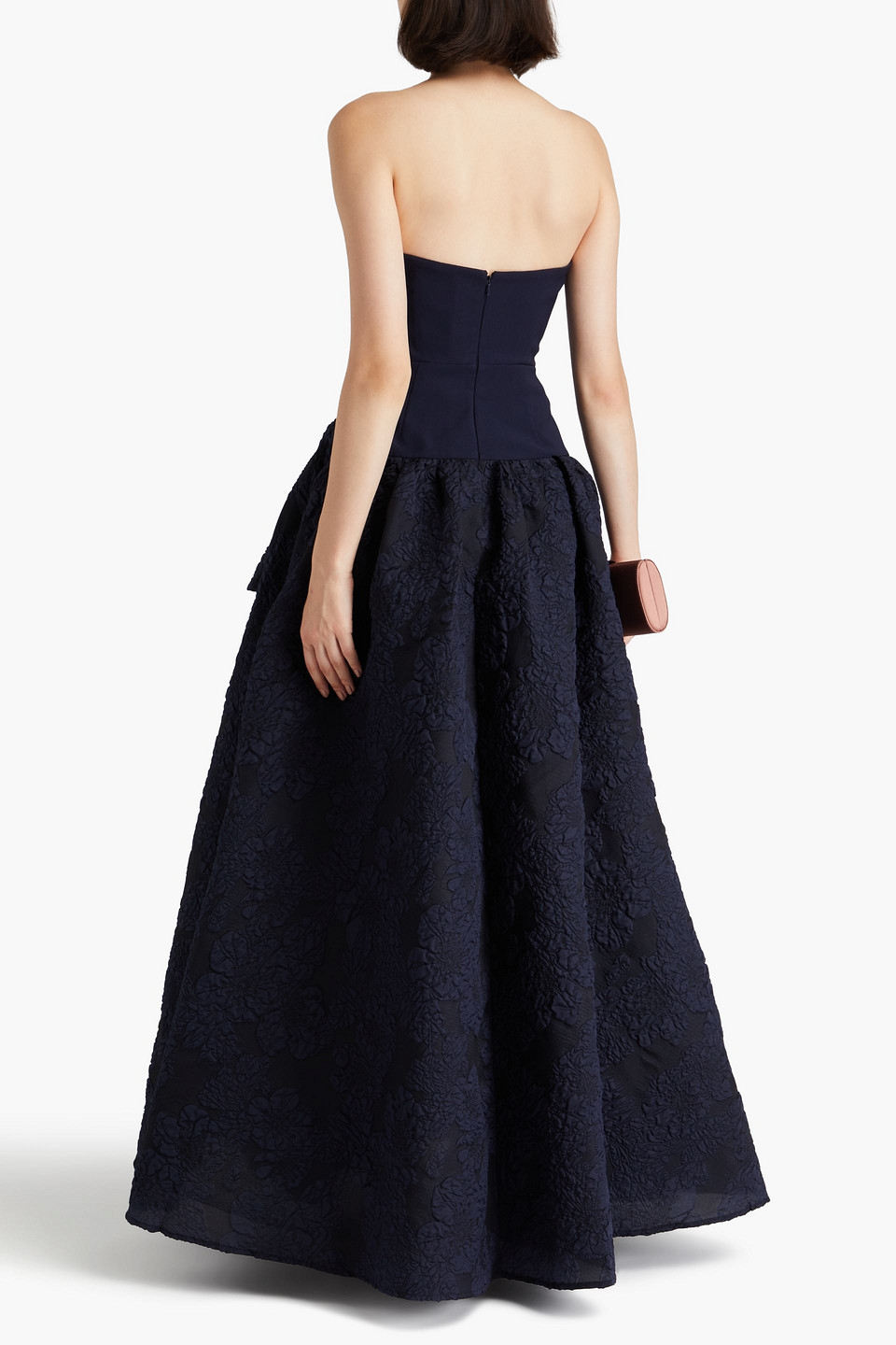 MARCHESA NOTTE STRAPLESS BOW-DETAILED CLOQUÉ AND CREPE GOWN
