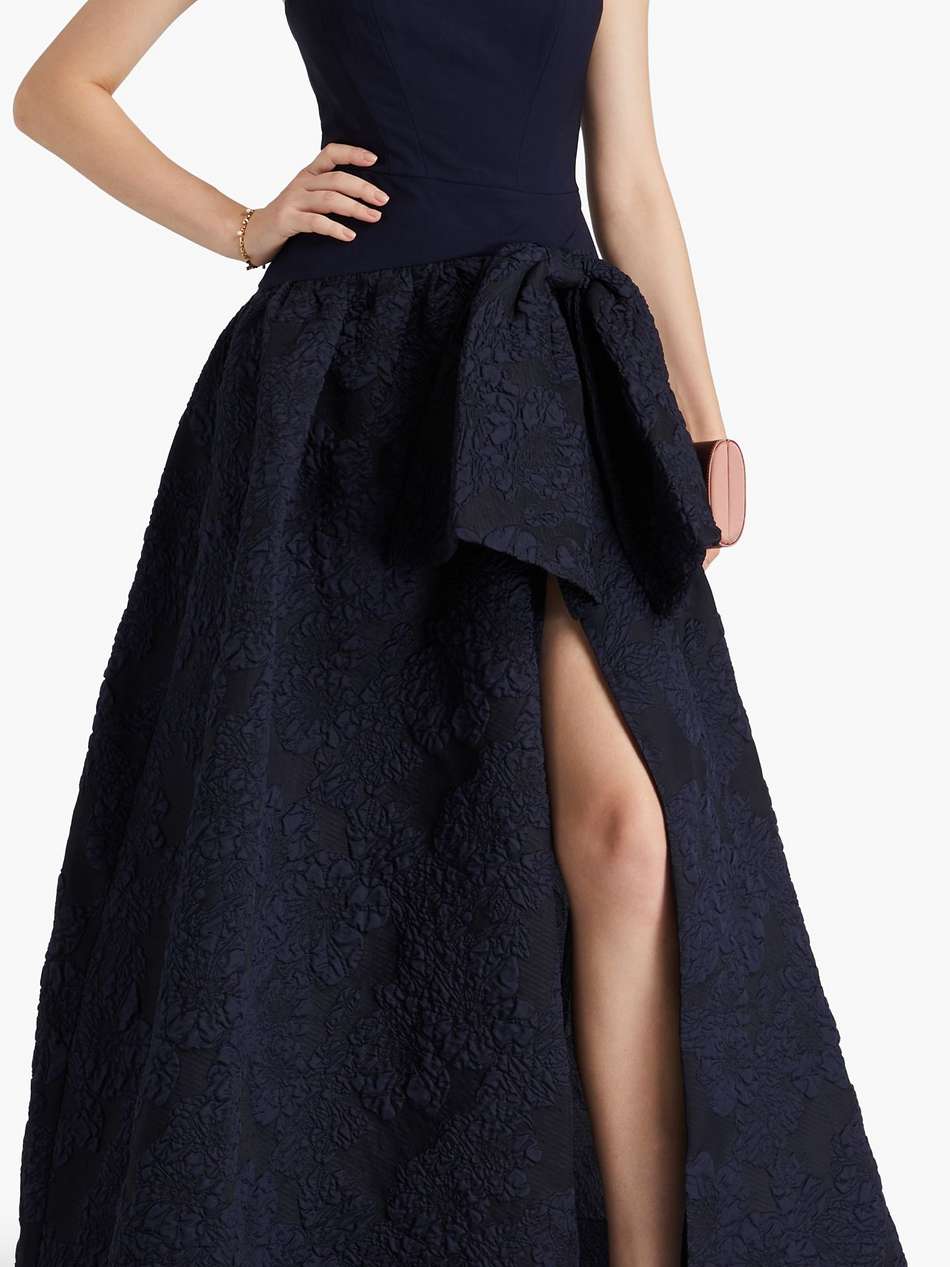 strapless bow-detailed cloqué and crepe gown