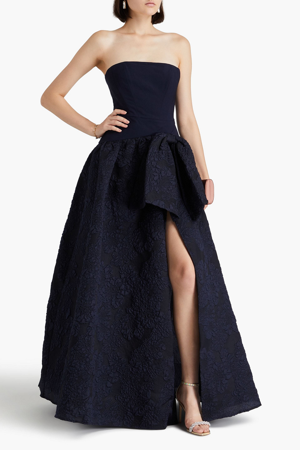 MARCHESA NOTTE STRAPLESS BOW-DETAILED CLOQUÉ AND CREPE GOWN