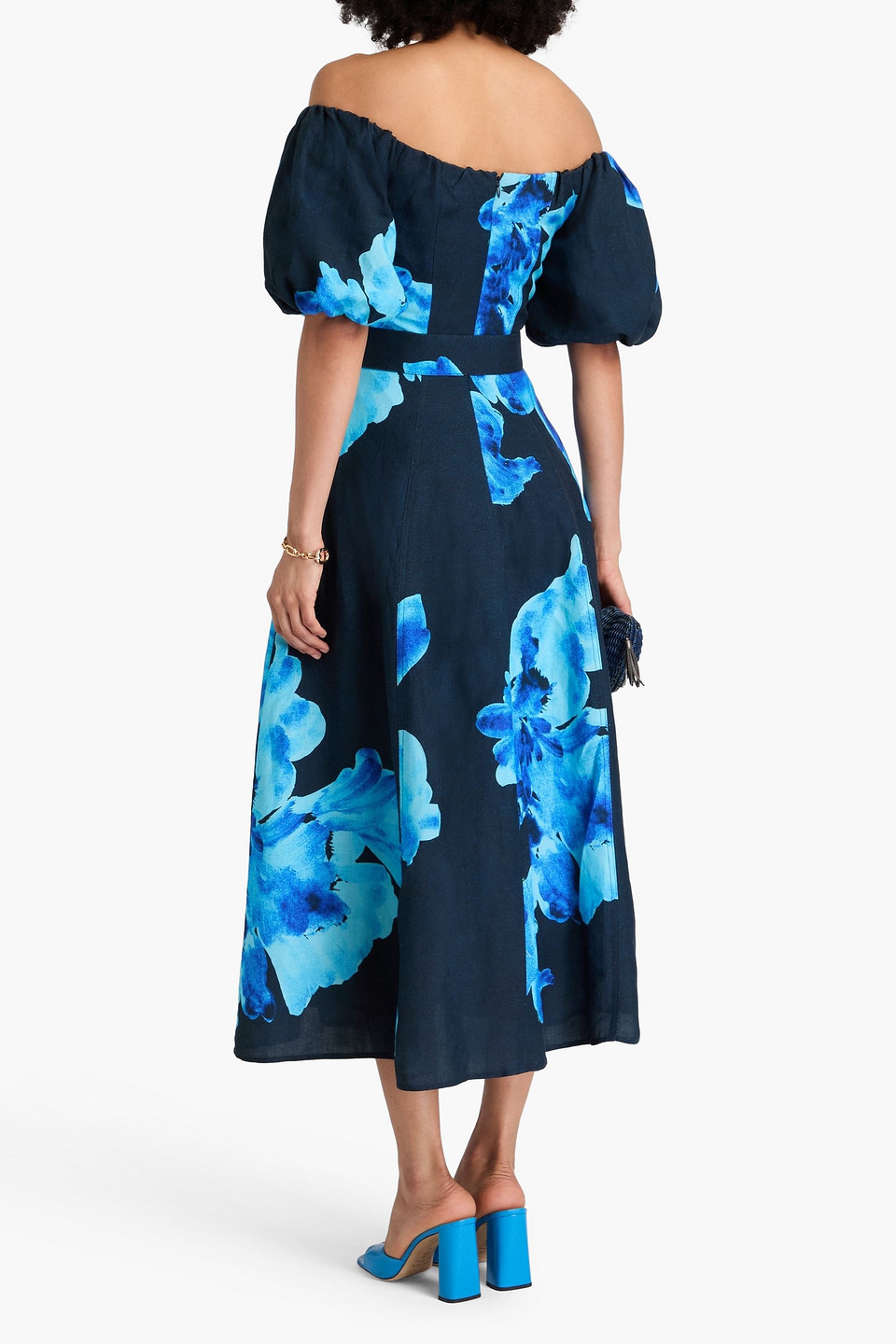 Nicholas Santha Floral-print Linen-blend Midi Dress In Navy
