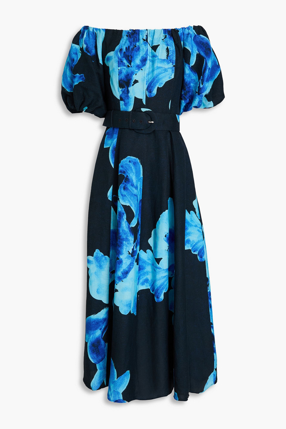 Nicholas Santha Floral-print Linen-blend Midi Dress In Navy