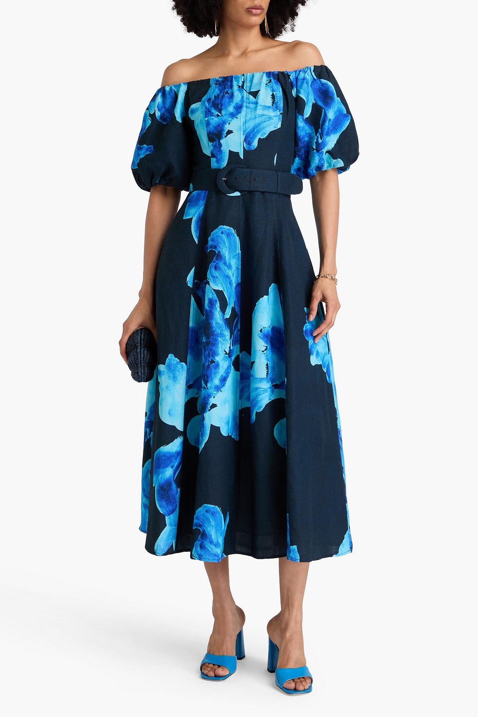 Nicholas Santha Floral-print Linen-blend Midi Dress In Navy
