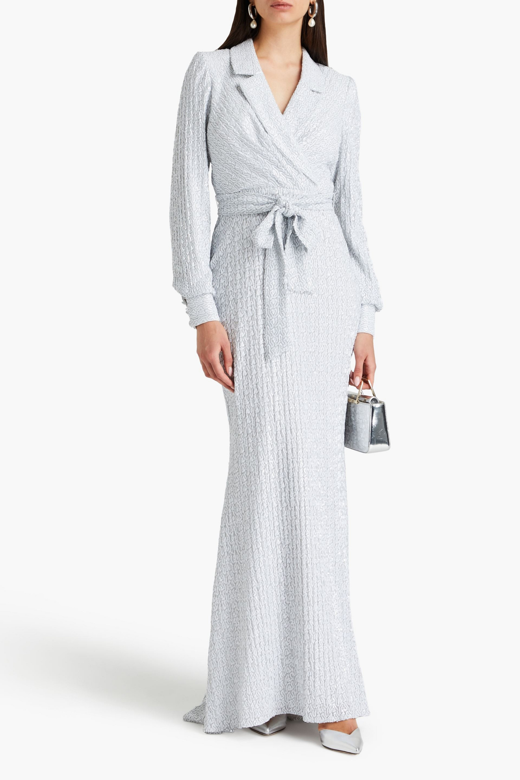 Badgley Mischka Wrap-effect embellished lamé gown