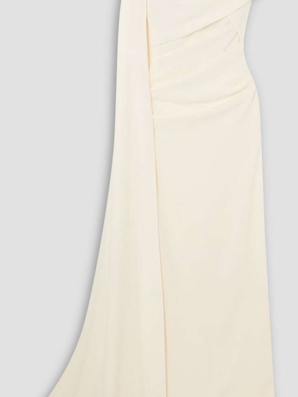 cape-effect off-the-shoulder ruched stretch-cady gown