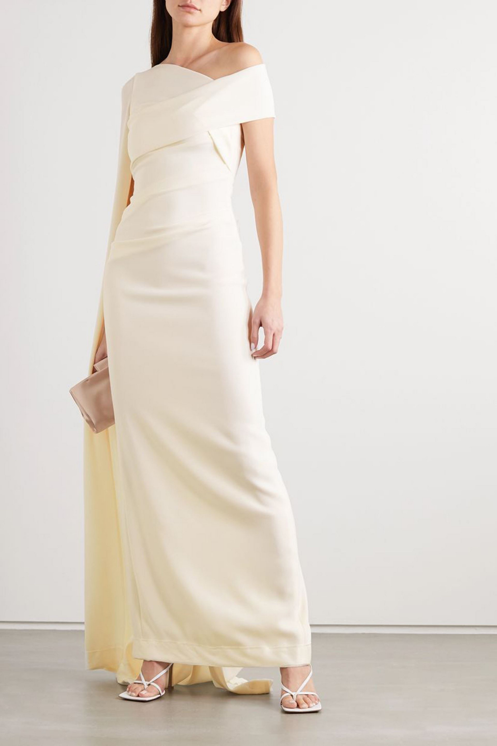 TALBOT RUNHOF Cape-effect off-the-shoulder ruched stretch-cady gown