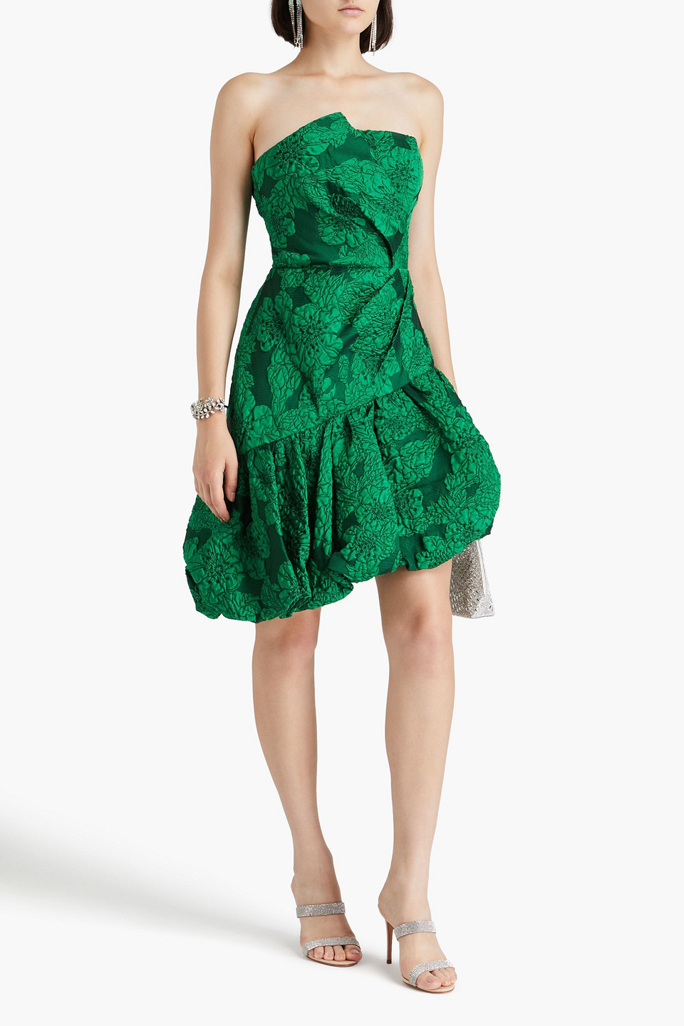 Marchesa Notte Calathea Strapless High-low Bubble Midi Dress In Emerald