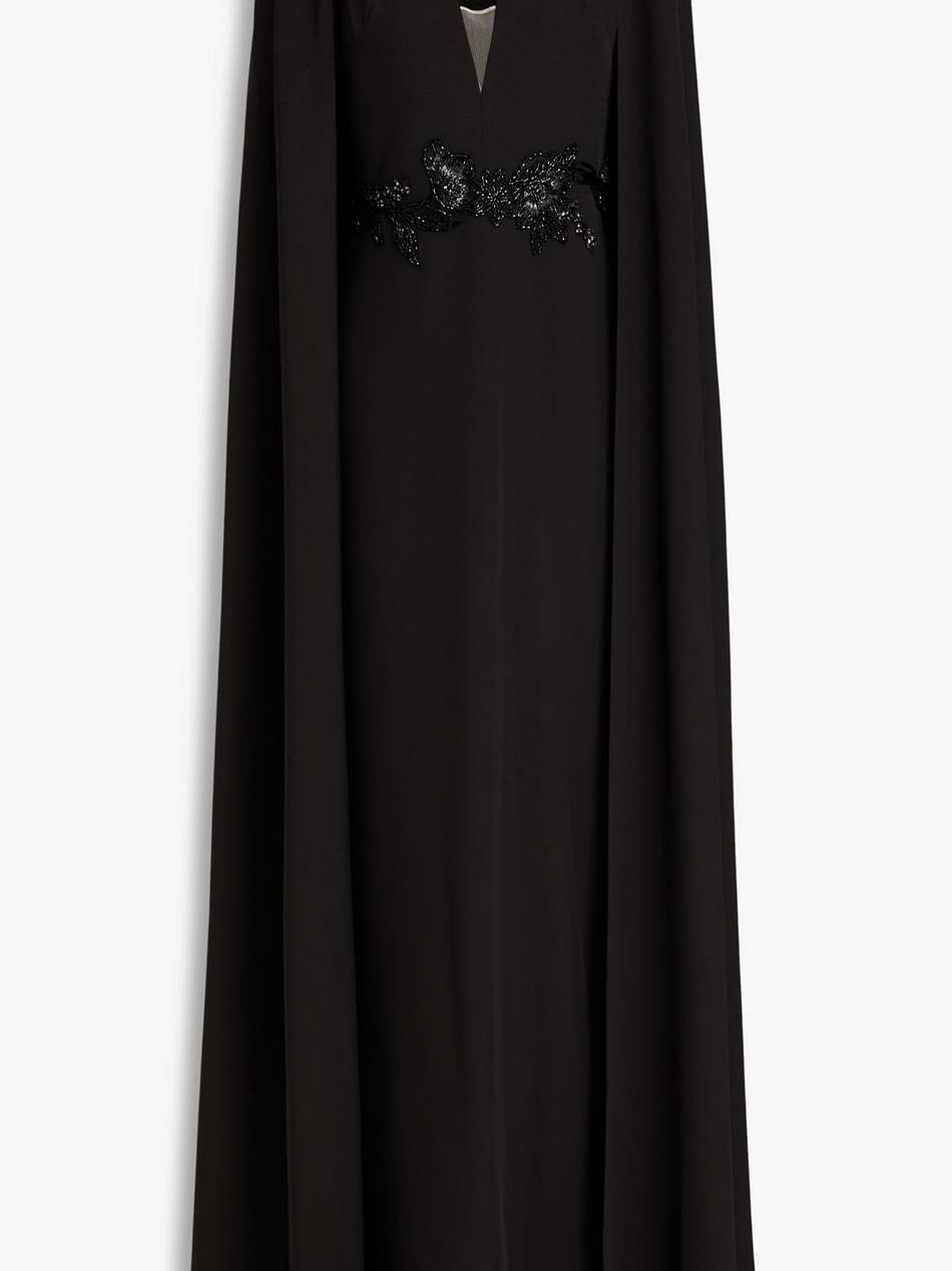 cape-effect embellished crepe gown