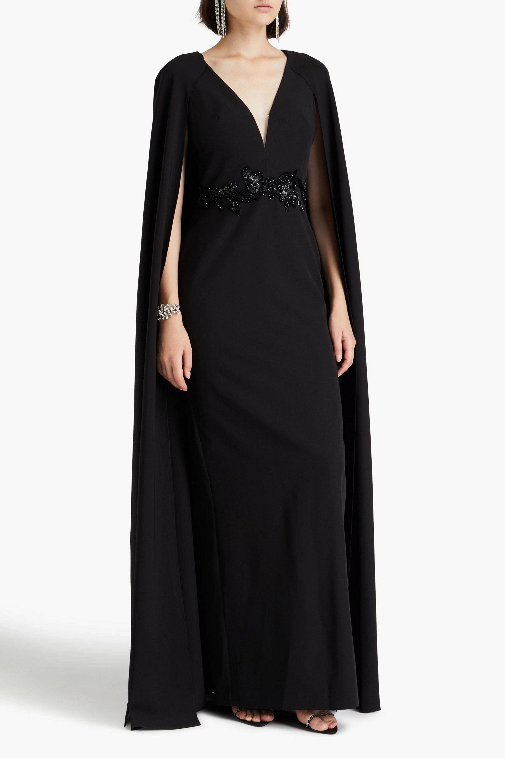 MARCHESA NOTTE Cape-effect embellished crepe gown