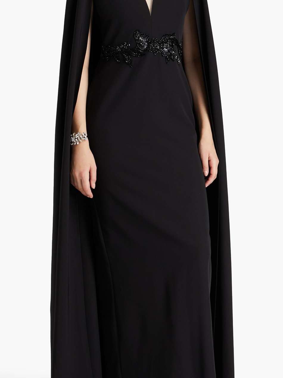 cape-effect embellished crepe gown