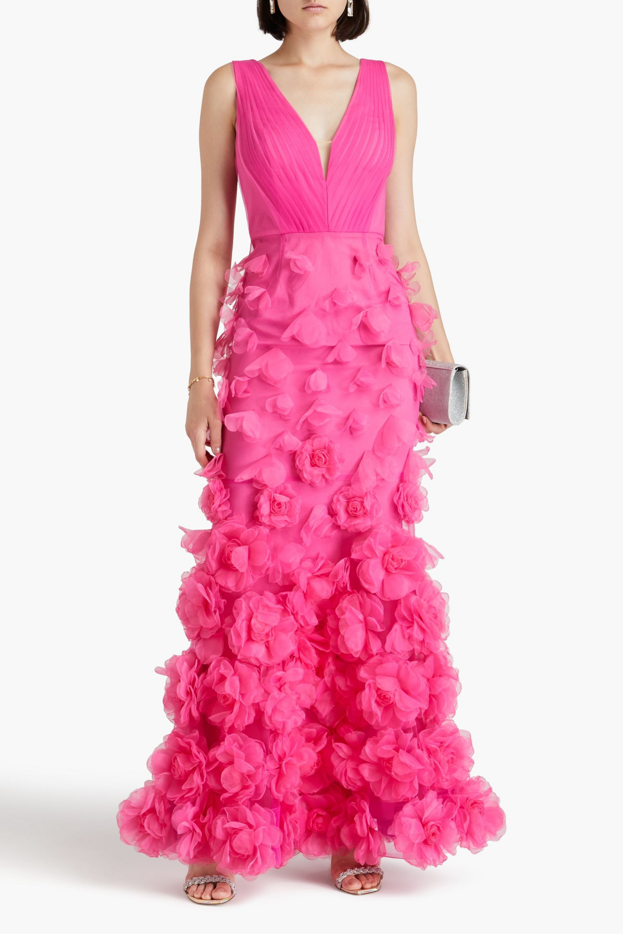 MARCHESA NOTTE Appliquéd pintucked organza gown