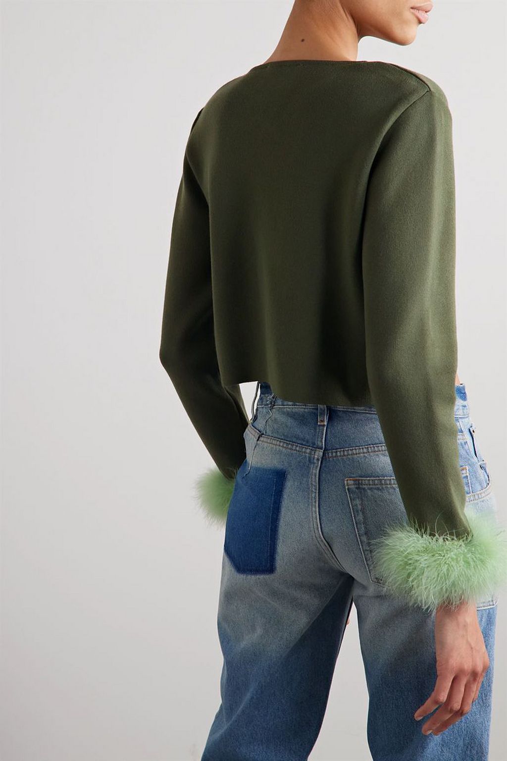 SLEEPER Convertible cropped feather-trimmed knitted cardigan