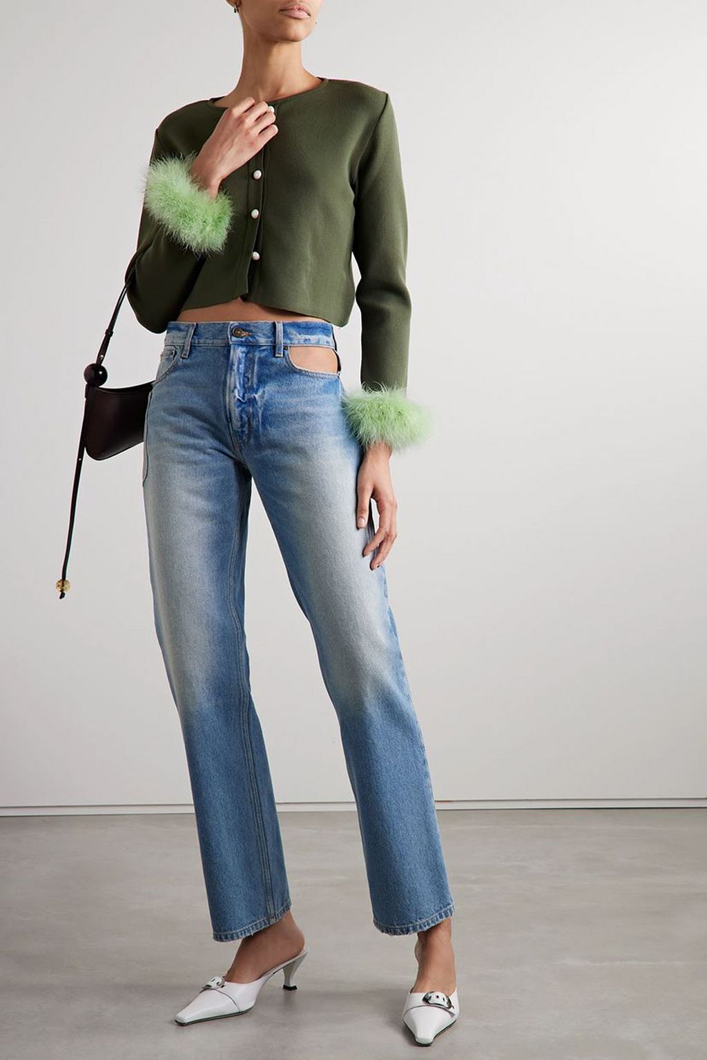 SLEEPER Convertible cropped feather-trimmed knitted cardigan
