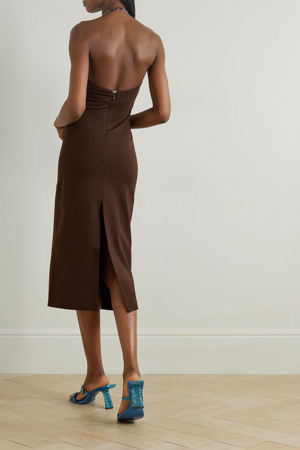 Attico Giona Cutout Stretch-jersey Halterneck Midi Dress In Chocolate