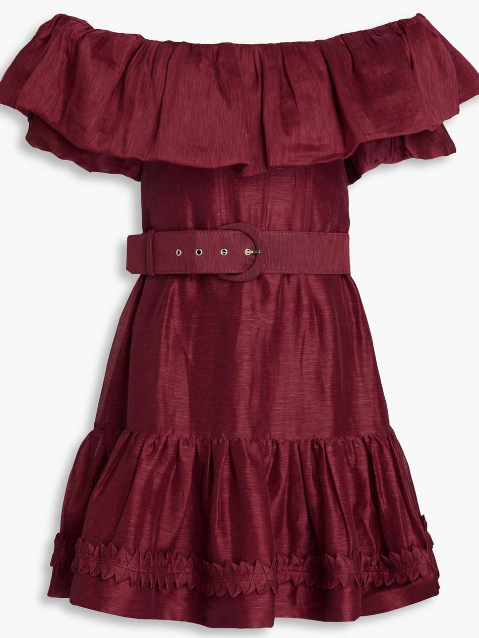 tiered belted linen and silk-blend faille mini dress