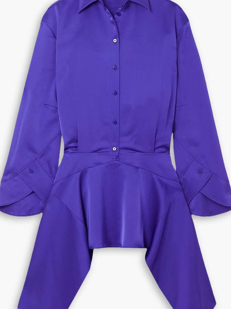 mischa asymmetric draped satin mini shirt dress