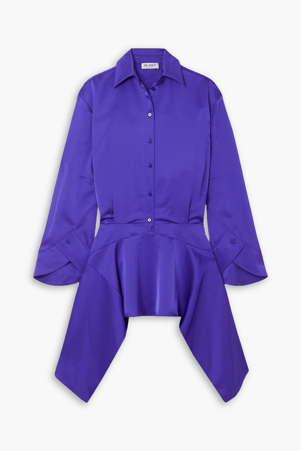 Attico Mischa Asymmetric Draped Satin Mini Shirt Dress In Indigo