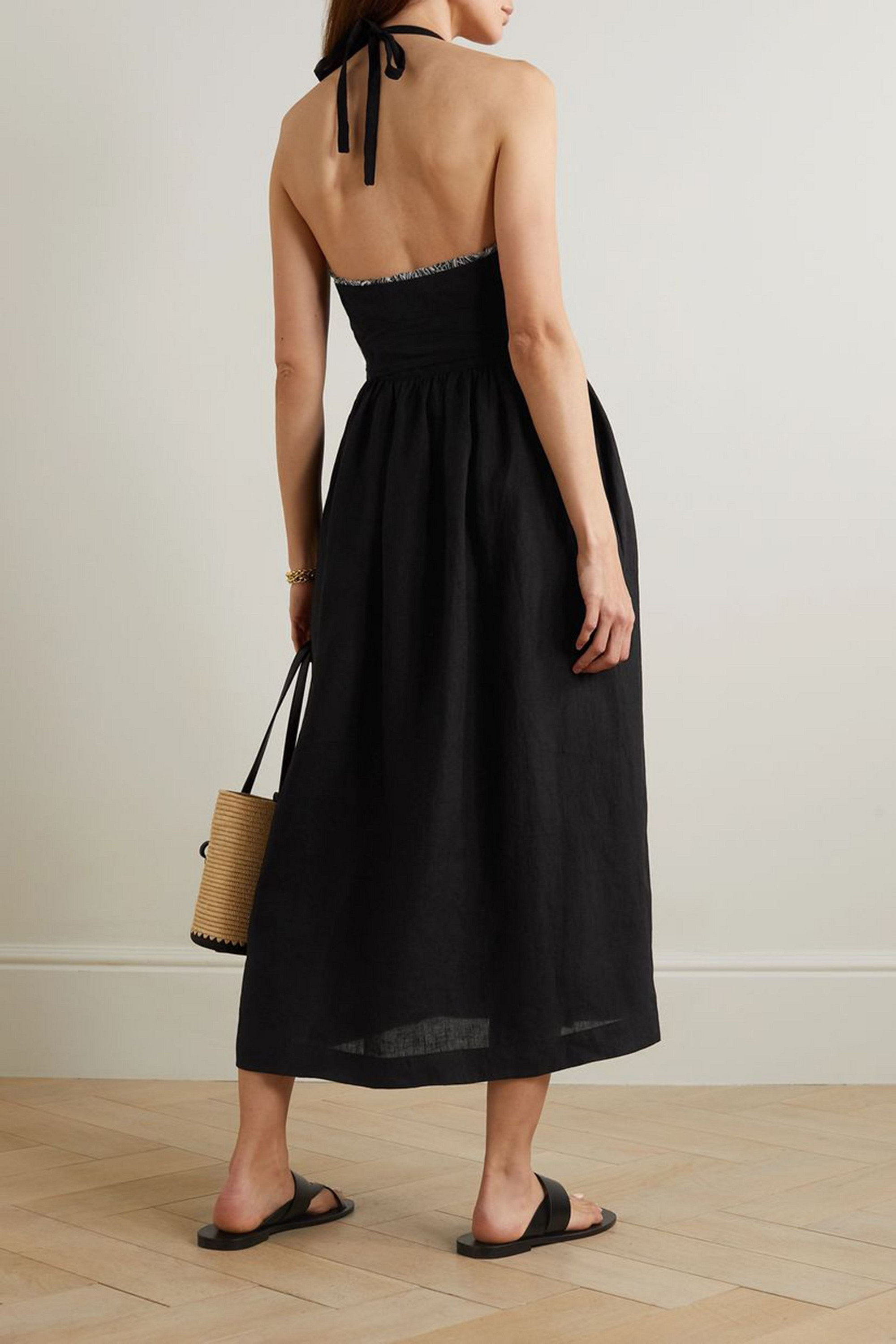 THREE GRACES LONDON Jacqueline fringed linen halterneck midi wrap dress