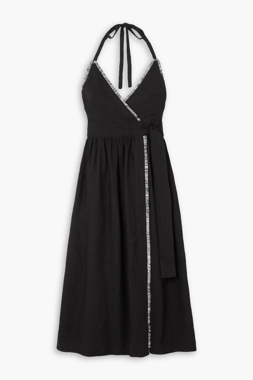 Three Graces London Jacqueline Fringed Linen Halterneck Midi Wrap Dress In Black
