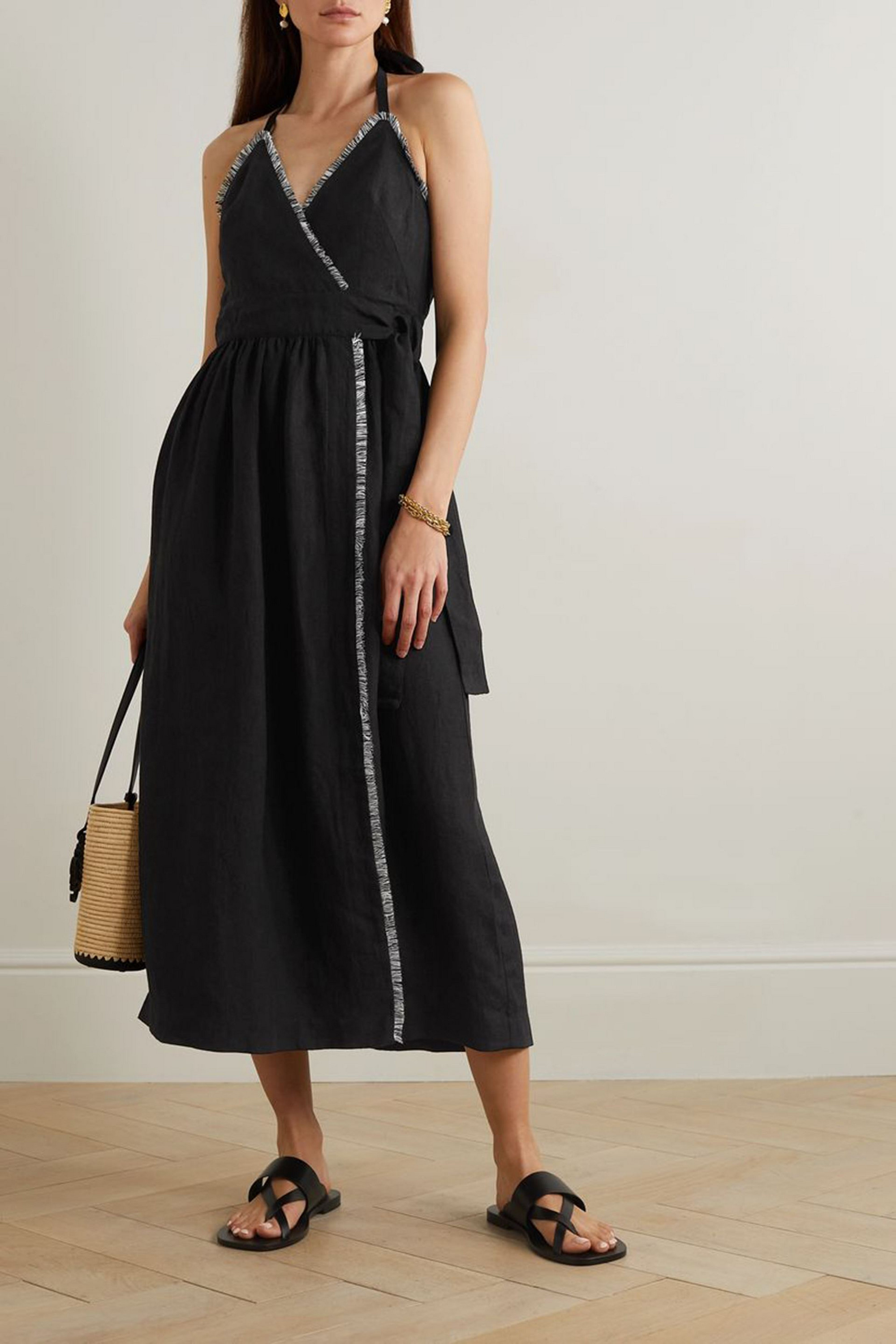 THREE GRACES LONDON Jacqueline fringed linen halterneck midi wrap dress