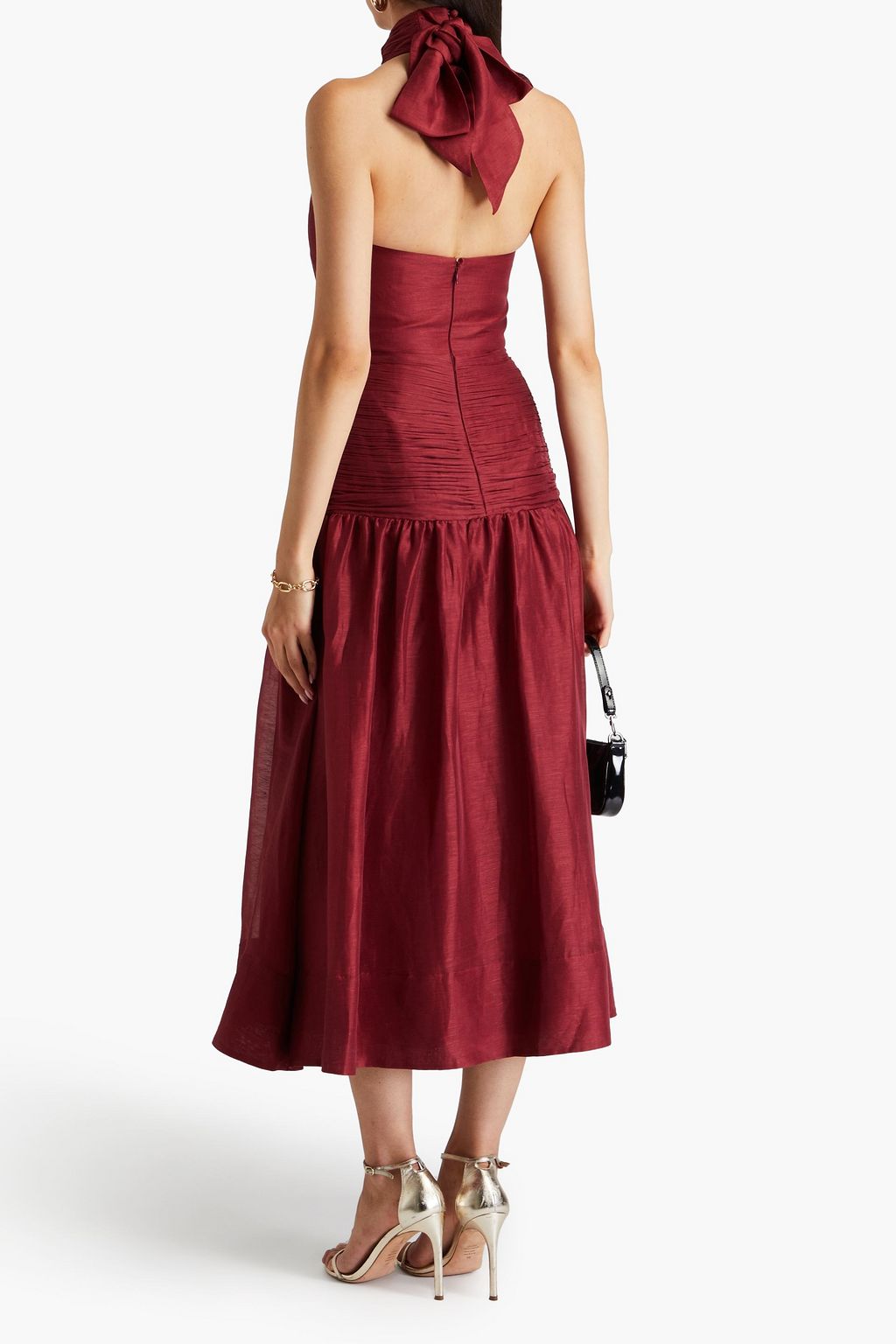 REBECCA VALLANCE Bow-detailed cutout linen and silk-blend faille midi dress