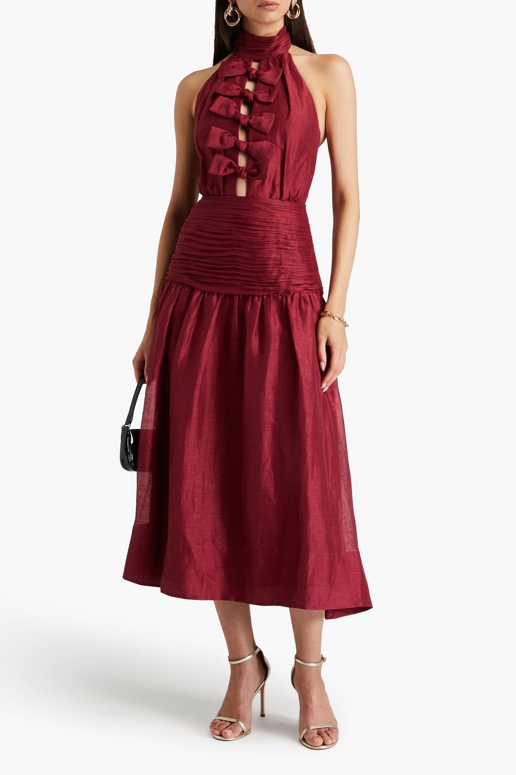 REBECCA VALLANCE Bow-detailed cutout linen and silk-blend faille midi dress
