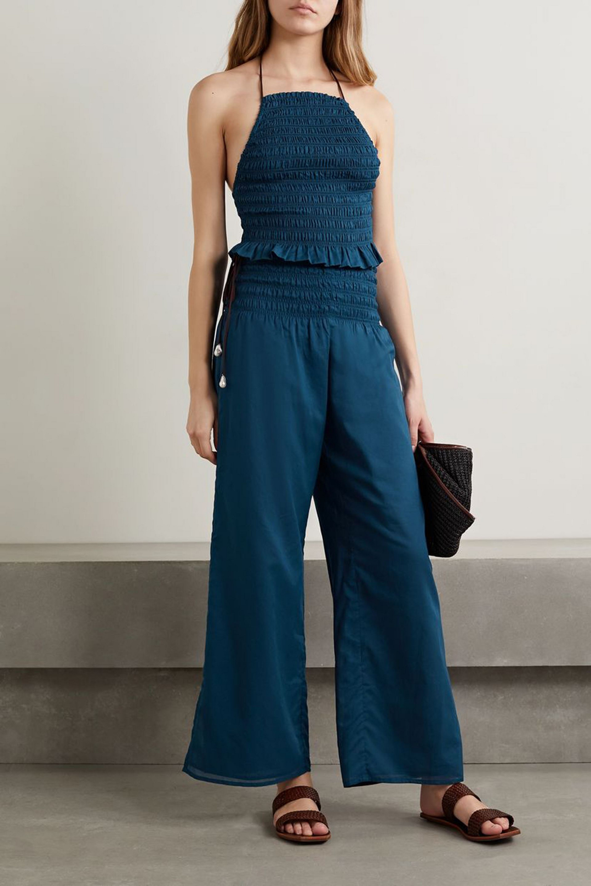 Skin Bailee cropped shirred cotton-voile halterneck top