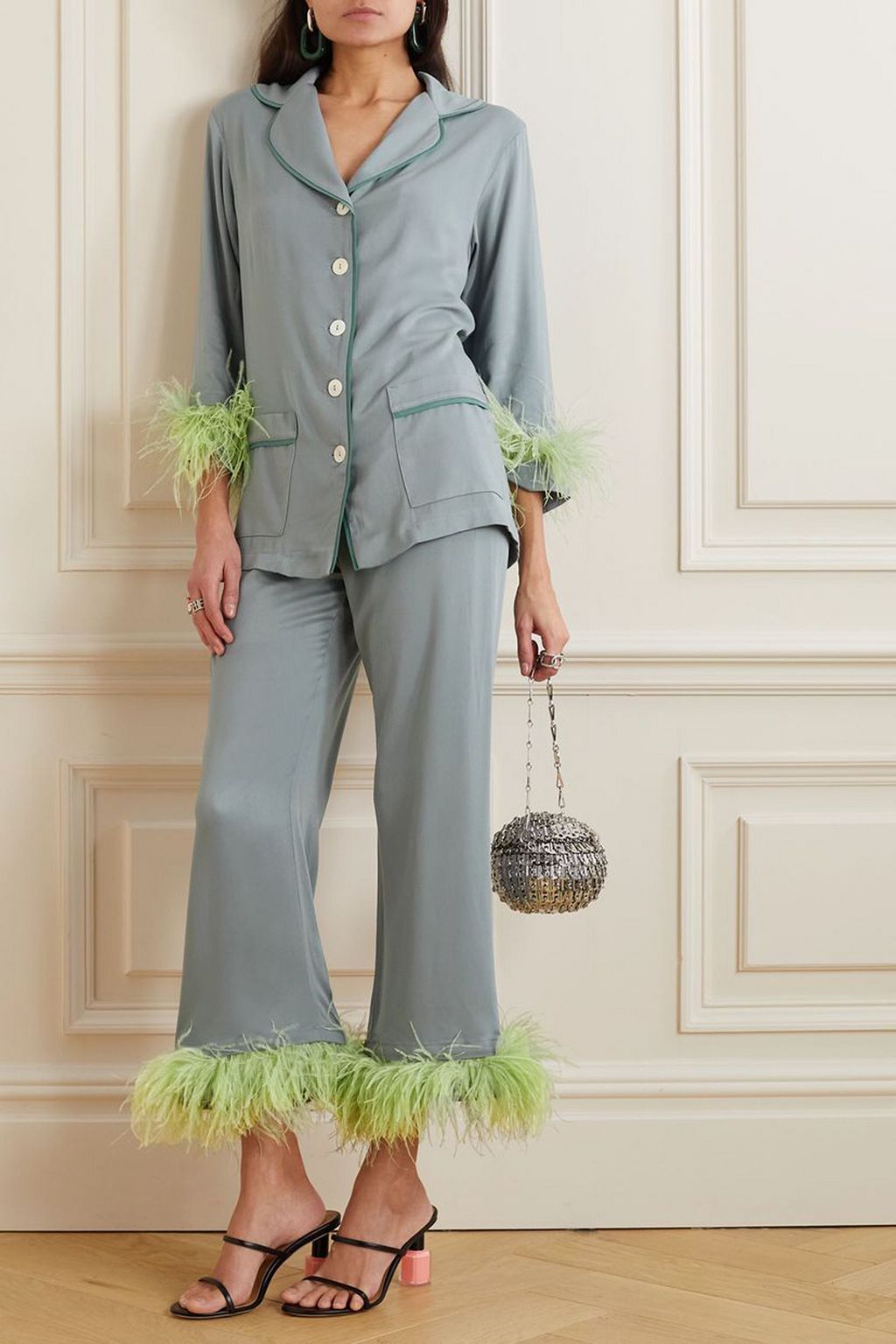 SLEEPER Party feather-trimmed twill pajama set