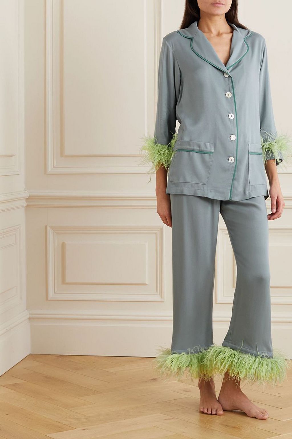 SLEEPER Party feather-trimmed twill pajama set