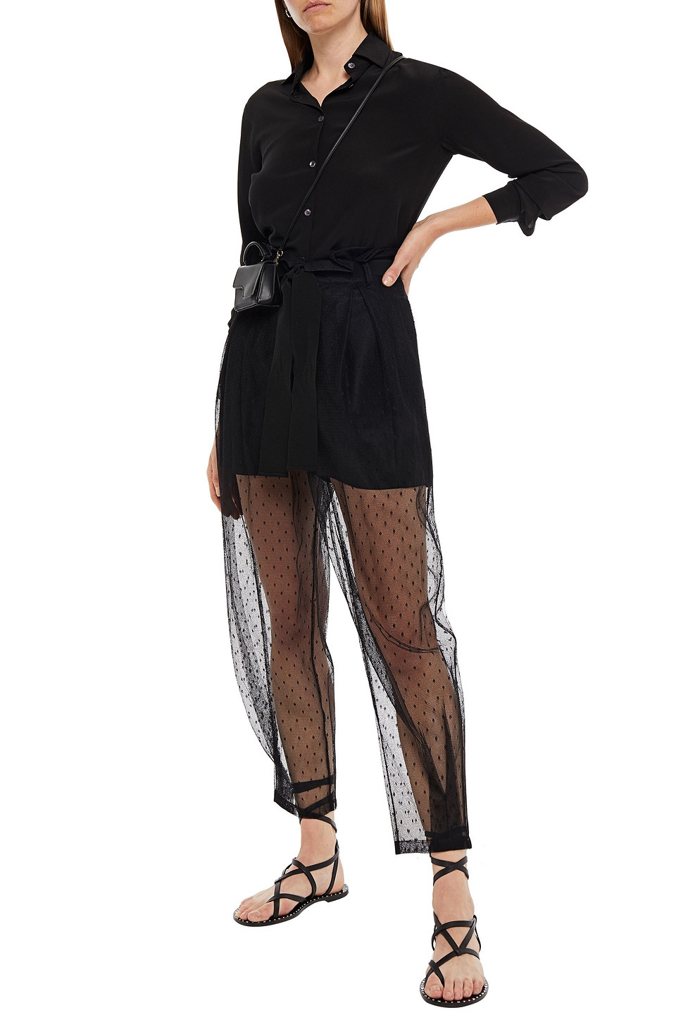 Red Valentino Belted Point D'esprit Tapered Pants In Black