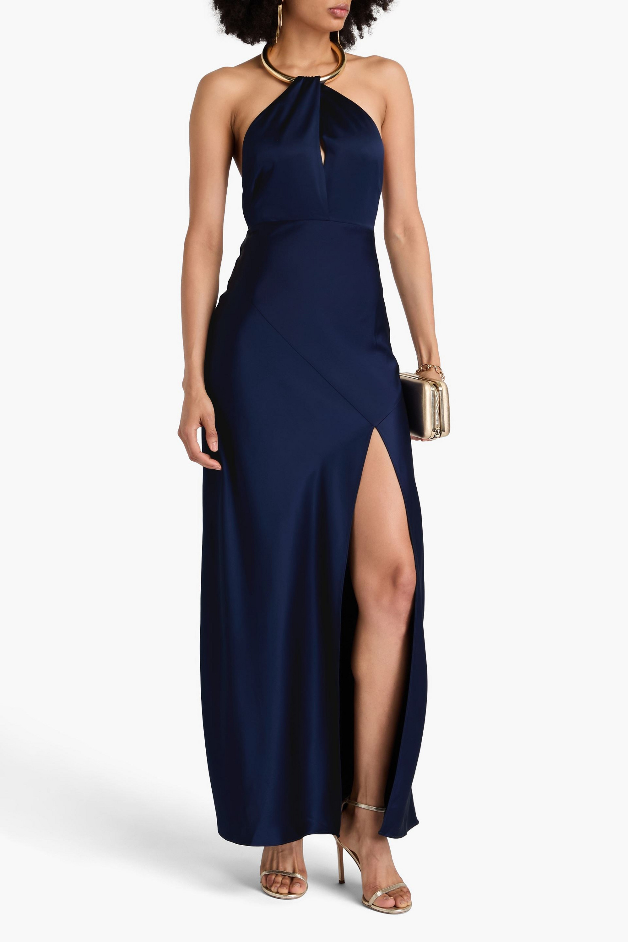 NICHOLAS Embellished satin halterneck maxi dress