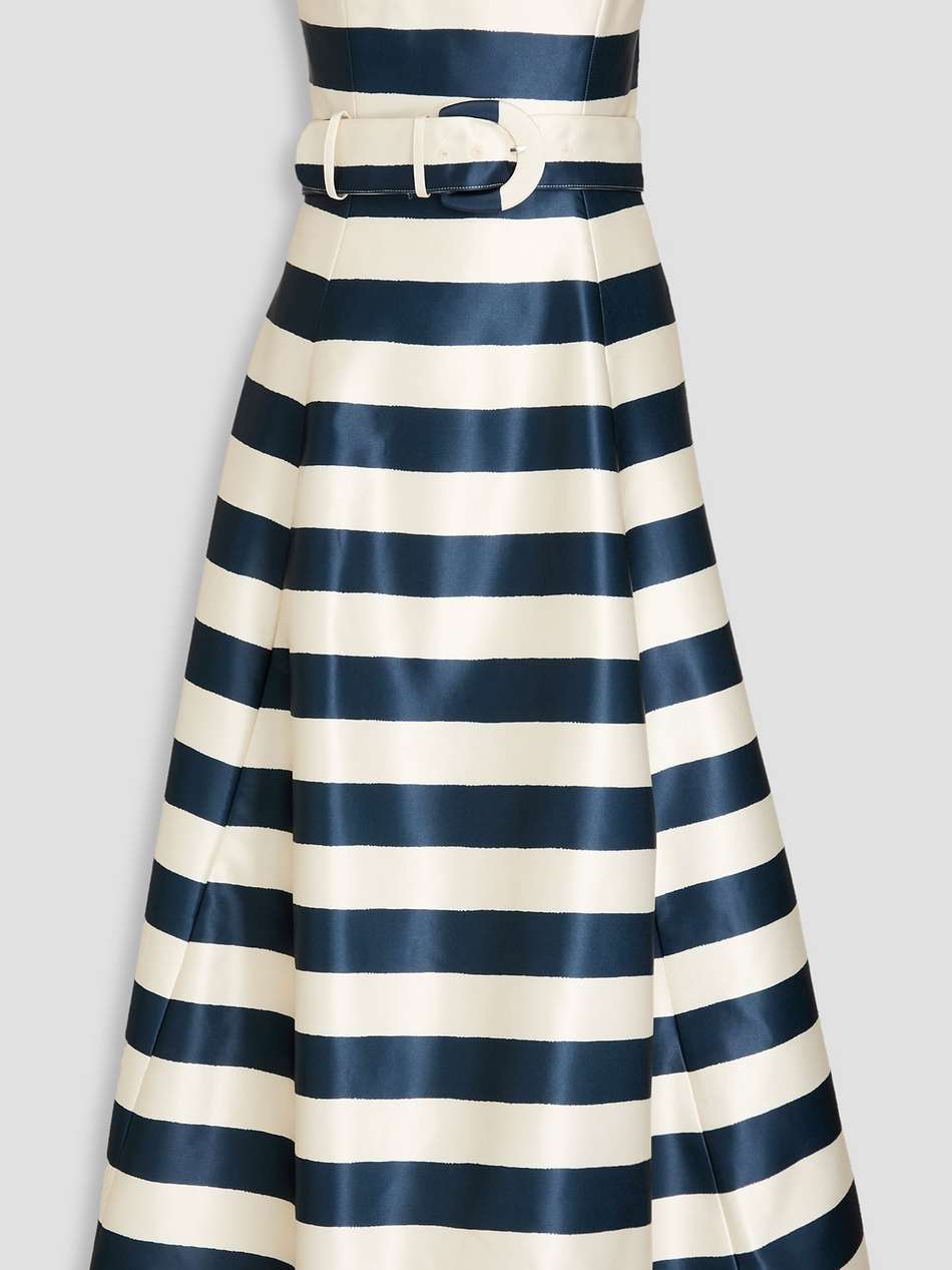 strapless striped satin midi dress