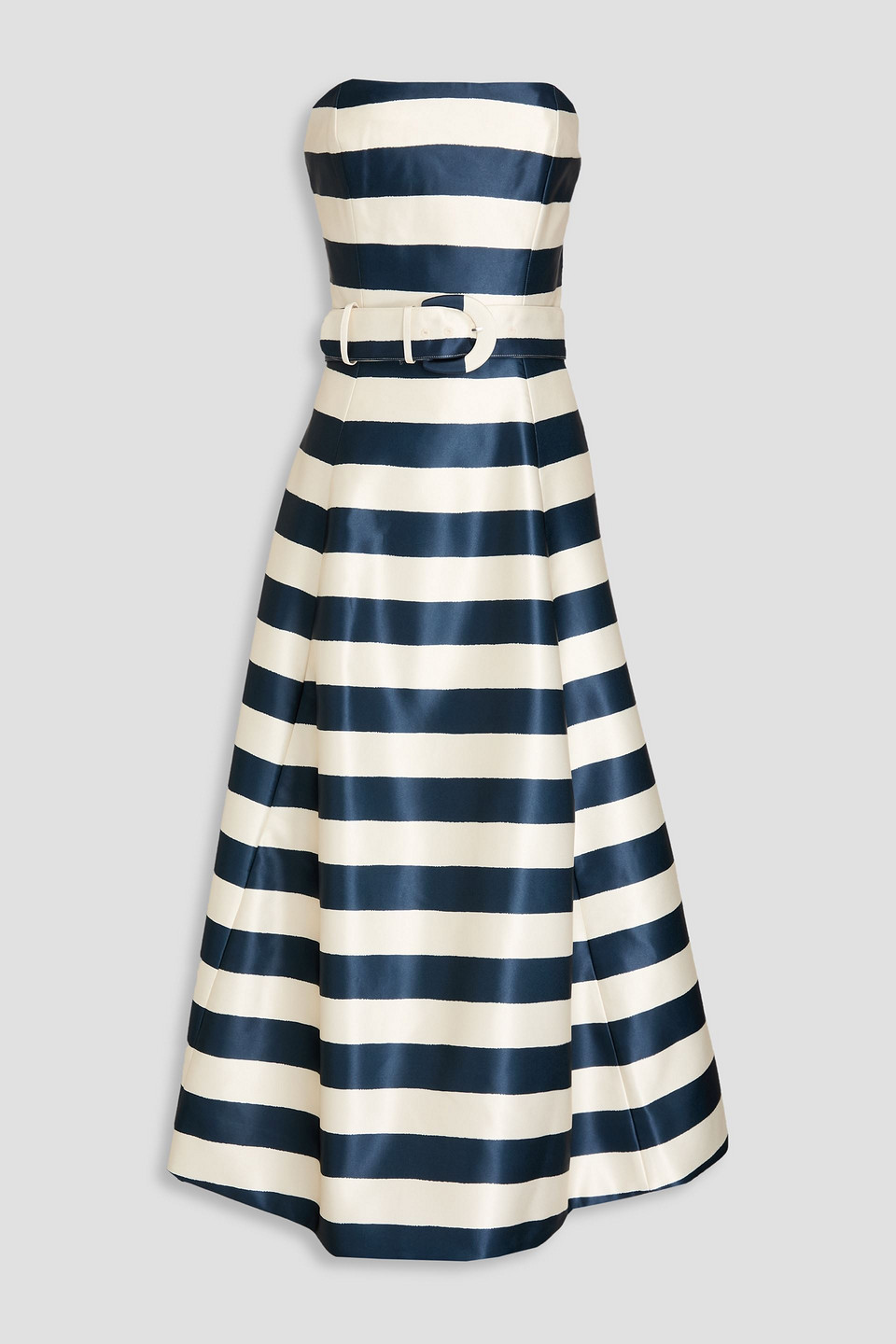 Nicholas Strapless Striped Satin Midi Dress In Cream