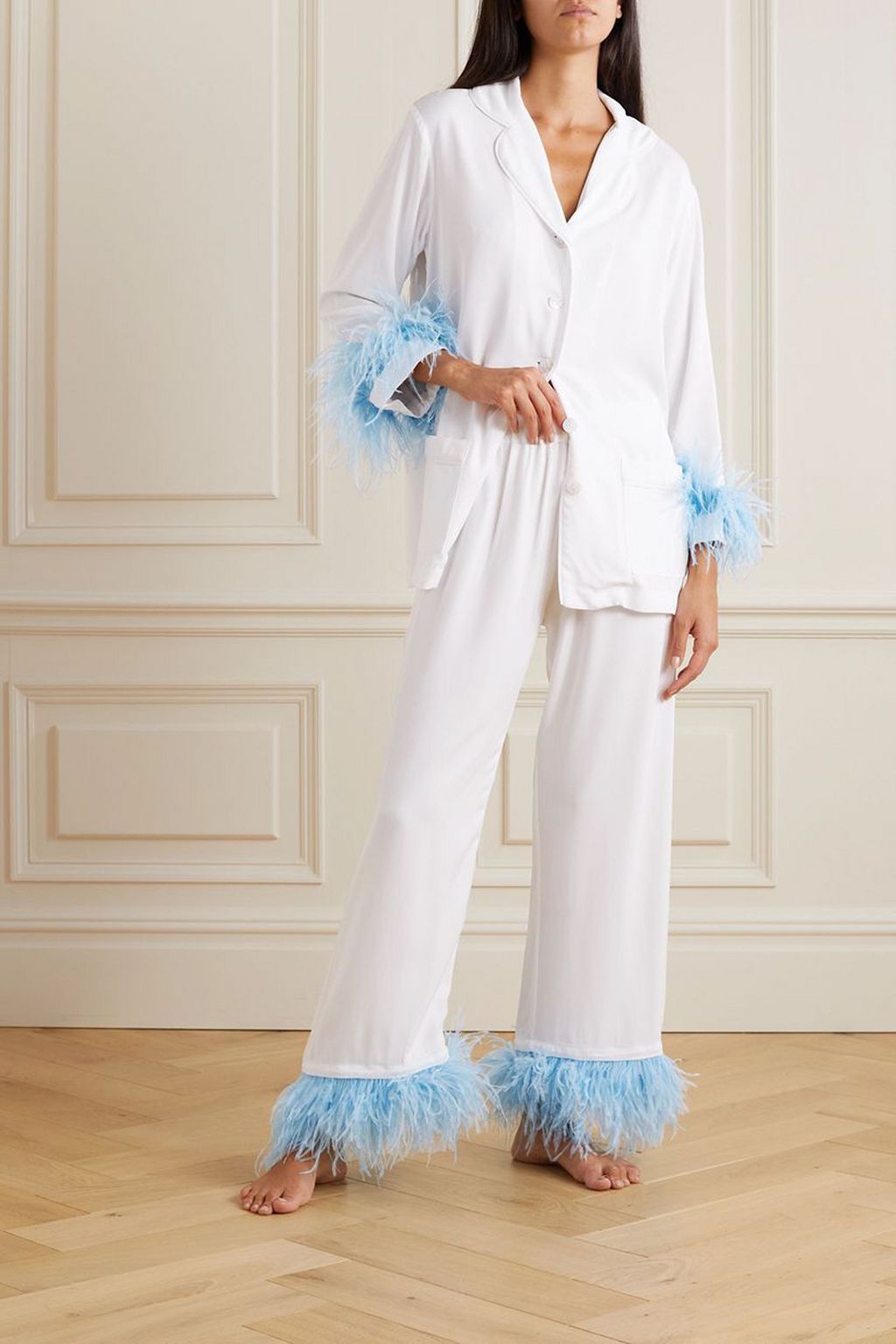SLEEPER Feather-trimmed twill pajama set