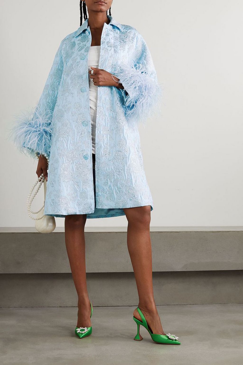 THE VAMPIRE'S WIFE Whirlwind feather-trimmed metallic floral-brocade coat