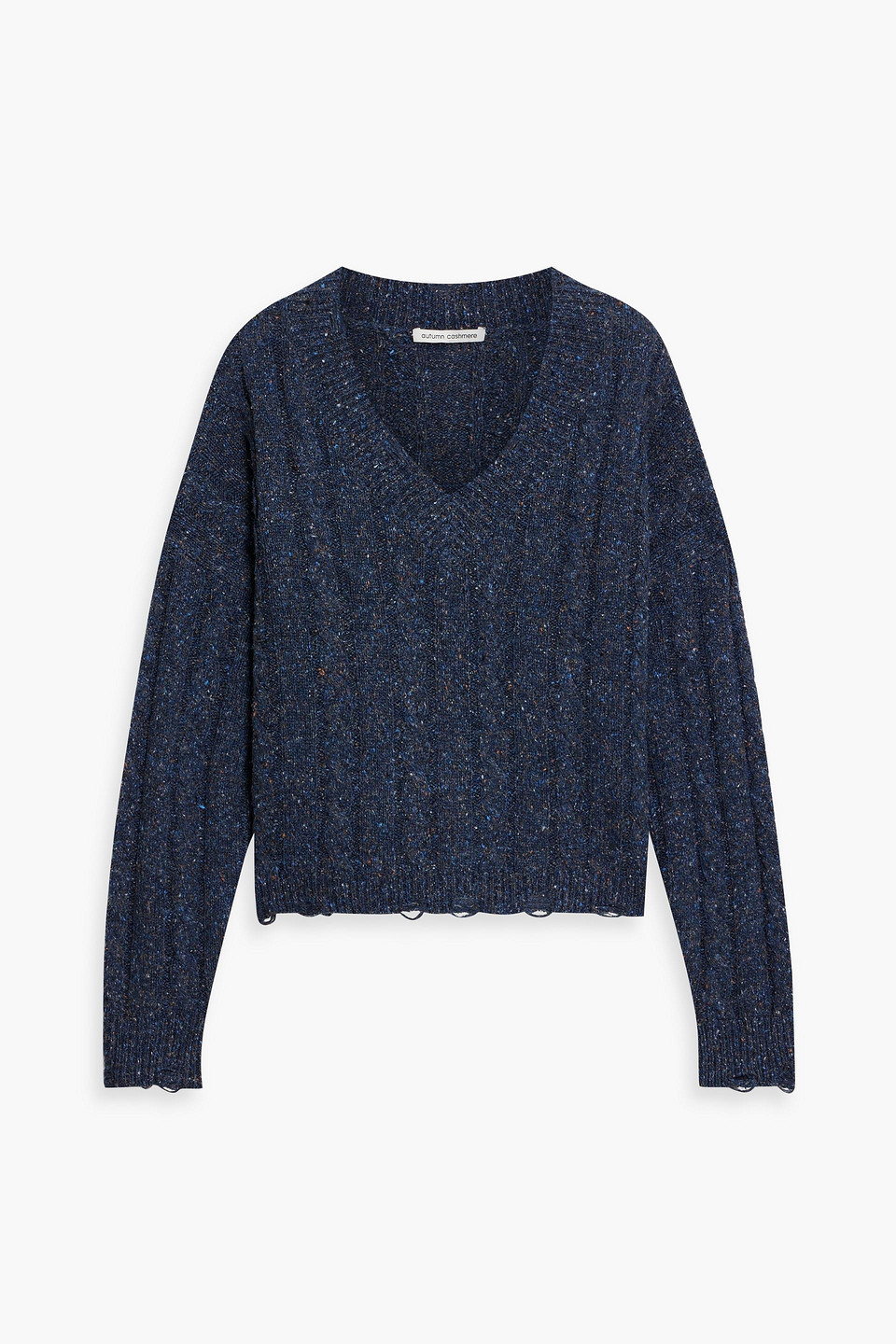 Autumn Cashmere Distressed Donegal Cable-knit Sweater In Navy
